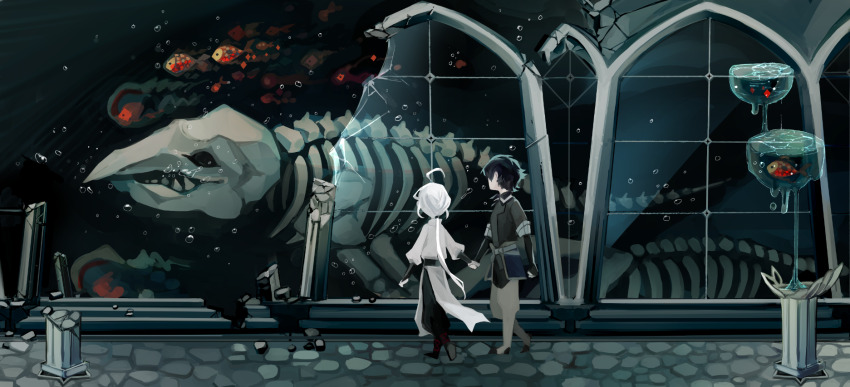 2boys, arched_window, black_hair, black_pants, borrowed_character, broken_window, bubble, cobblestone