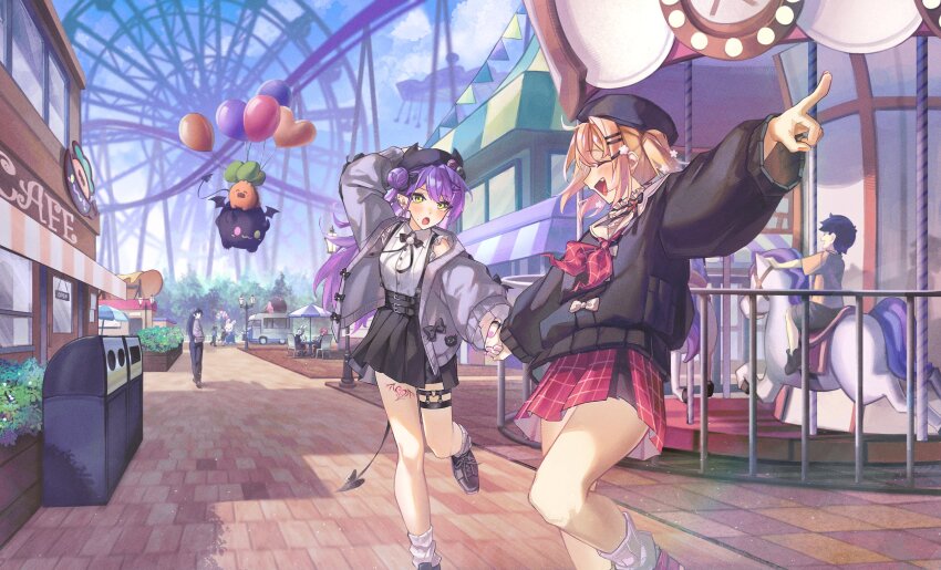 1girl, 2girls, :o, absurdres, ahoge, alternate_costume, artist_request, bare_shoulders