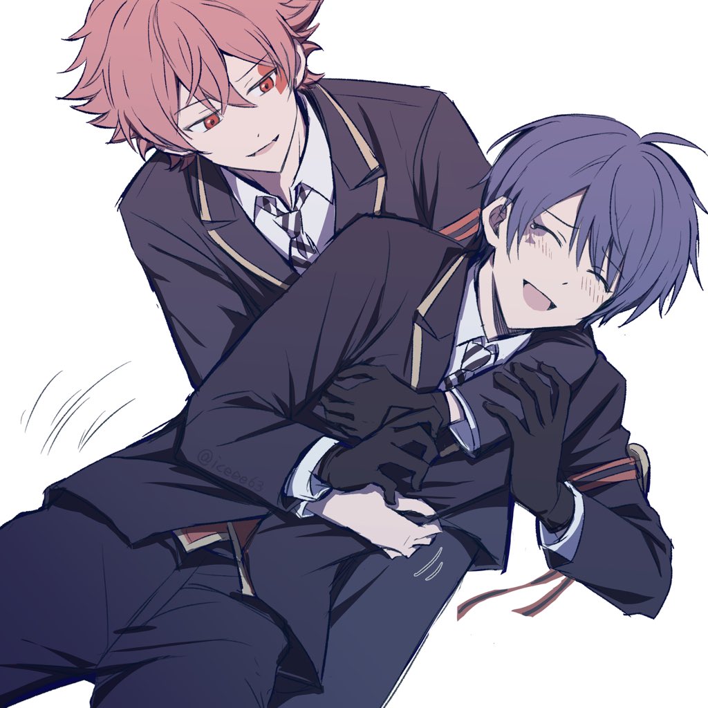 ace_trappola, ahoge, black_gloves, blush, closed_eyes, deuce_spade, gloves, iceee63, laughing, looking_at_another, red_eyes, red_hair, school_uniform, smile, tickling, twisted_wonderland, white_background