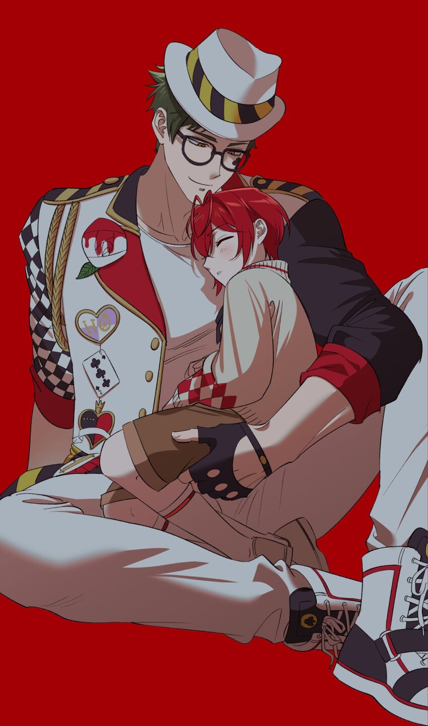 2boys, age_difference, aged_down, aiguillette, antenna_hair, award_ribbon, badge, black-framed_eyewear