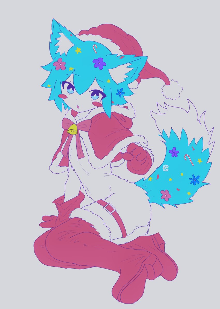 1boy, absurdres, alternate_costume, animal_ears, arm_support, basil_(headspace)_(omori), basil_(omori), bell, blush_stickers, boots, bow, capelet, commentary_request, double-parted_bangs, fox_boy, fox_ears, fox_tail, furrification, furry, furry_male, gloves, green_eyes, green_hair, grey_background, hair_between_eyes, hat, highres, looking_at_viewer, omori, parted_lips, red_boots, red_bow, red_capelet, red_gloves, saji_neko, santa_costume, santa_hat, short_hair, sidelocks, simple_background, solo, tail, thigh_boots