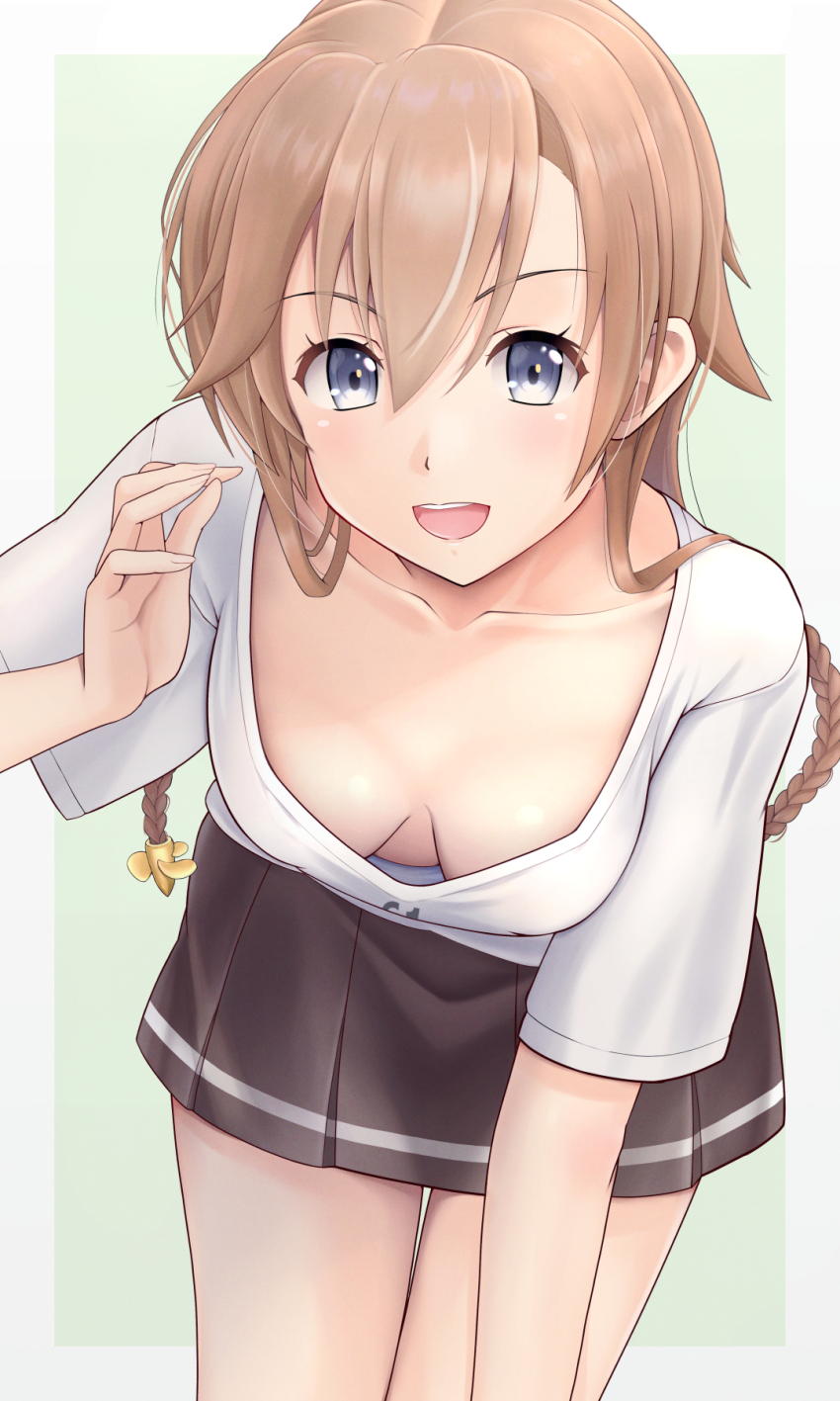 1girl, black_skirt, braid, breasts, brown_hair, commentary_request, downblouse, green_eyes