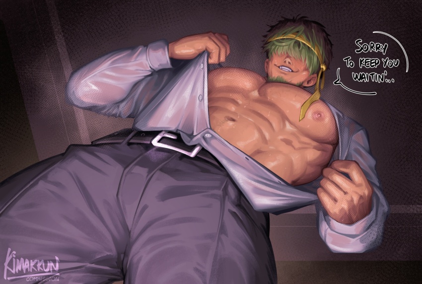1boy, abs, alternate_costume, alternate_muscle_size, artist_name, bara, bare_pectorals, beard