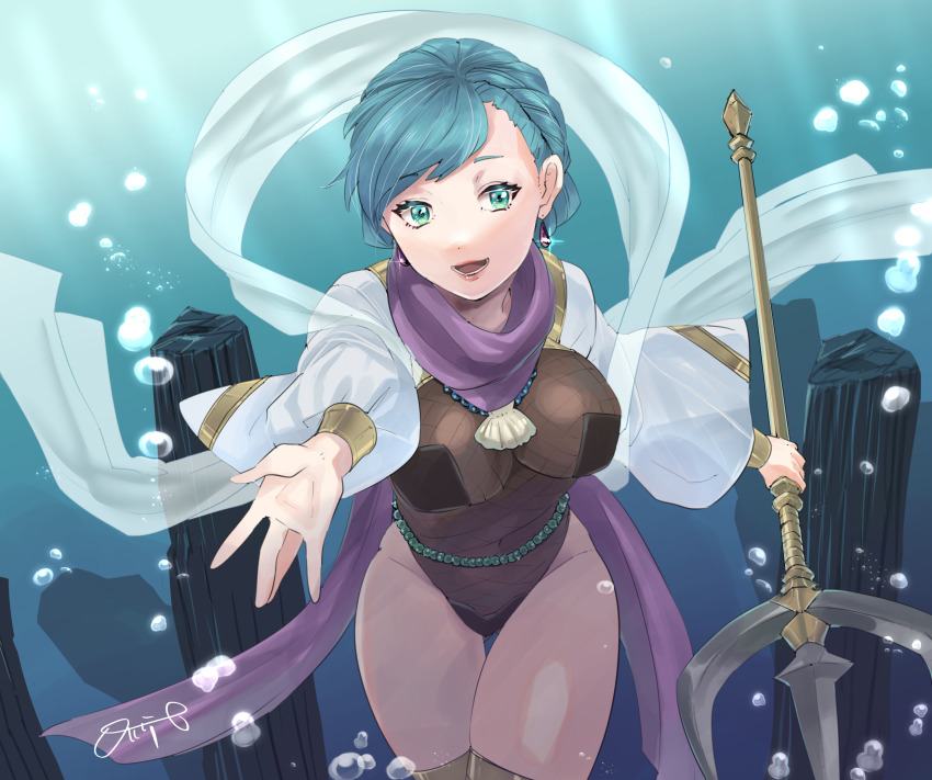 1girl, blue_eyes, blue_hair, bodystocking, breasts, curvy, duel_monster, earrings, fishnet_leotard, fishnets, highres, holding, holding_polearm, holding_weapon, iocowboy_shot, jewelry, large_breasts, leotard, long_sleeves, looking_at_viewer, maiden_of_the_aqua, marshmallow_(site), necklace, o-mit, open_mouth, pearl_necklace, polearm, puffy_sleeves, purple_scarf, reaching, reaching_towards_viewer, revealing_clothes, scarf, seashell, shell, shiny_skin, smile, solo, trident, underwater, weapon, wide_hips, yu-gi-oh!