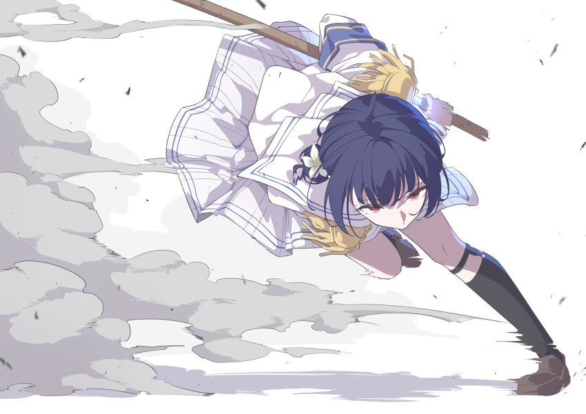 1girl, absurdres, amama_(pcnk4878), blue_hair, dust_cloud, epaulettes, flower, full_body, hair_bun, hair_flower, hair_ornament, highres, holding, holding_sword, holding_weapon, idolmaster, idolmaster_shiny_colors, looking_at_viewer, morino_rinze, motion_lines, red_eyes, sheath, shirt, short_hair, single_hair_bun, single_side_bun, skirt, solo, standing, sword, unsheathing, weapon, white_background, white_flower, white_shirt, white_skirt