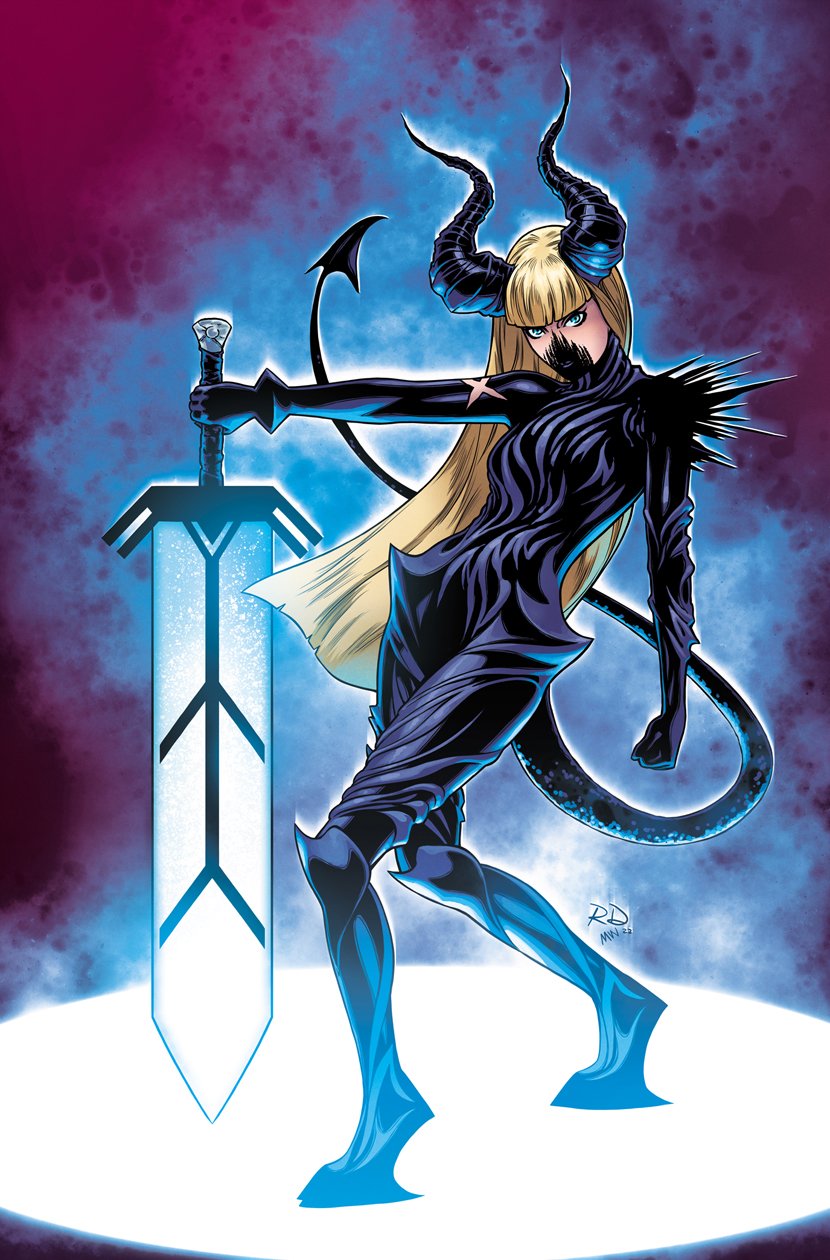 1girl, aqua_eyes, black_bodysuit, black_gloves, black_horns, black_mask, black_tail, blonde_hair, blunt_bangs, bodysuit, comic_cover, commentary, demon_tail, english_commentary, full_body, gloves, glowing, glowing_sword, glowing_weapon, hellfire_gala, highres, holding, holding_sword, holding_weapon, horns, long_hair, looking_at_viewer, magik_(x-men), marvel, mask, matt_wilson, mouth_mask, new_mutants, official_alternate_costume, official_art, planted, planted_sword, planted_weapon, russell_dauterman, solo, sword, tail, weapon, x-men