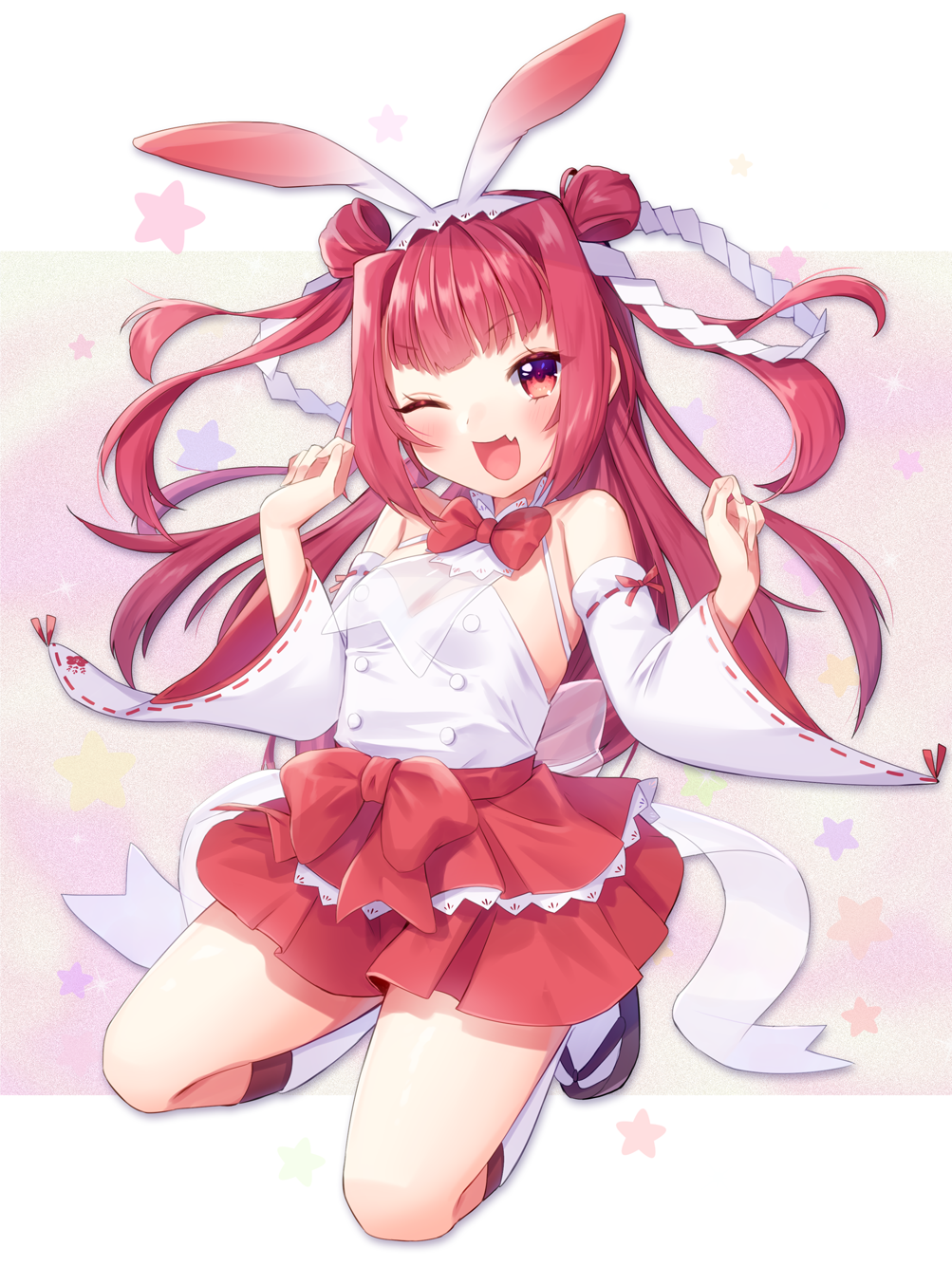 1girl, ;d, bare_shoulders, beatmania_iidx, beatmania_iidx_19_lincle, bemani, bow, bowtie