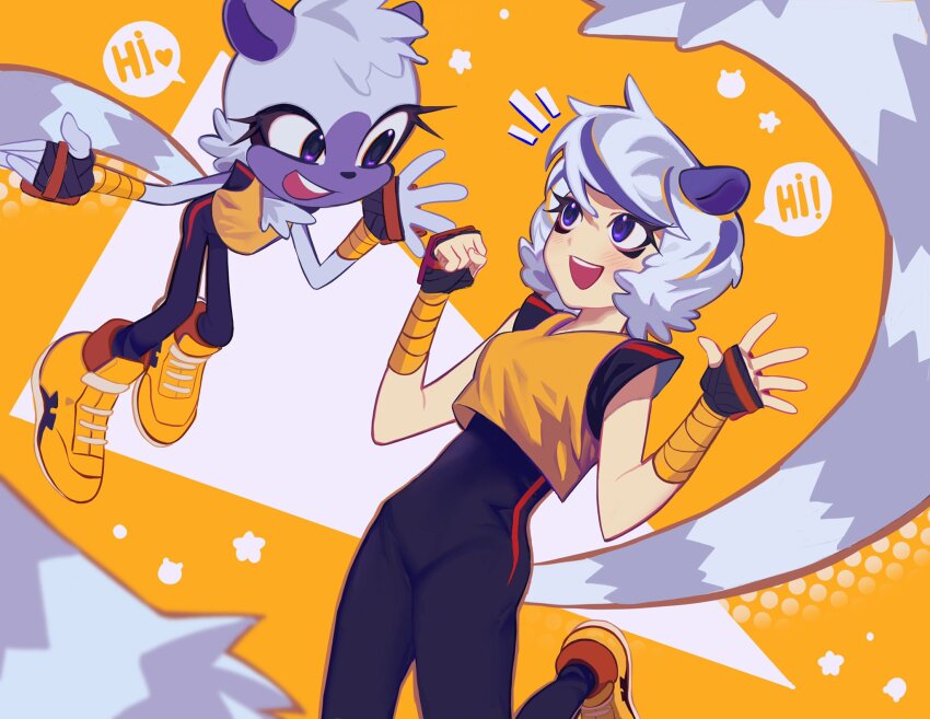 2girls, :d, black_bodysuit, bodysuit, breasts, commentary, dual_persona, english_commentary, english_text, eye_contact, furry, humanoid_and_humanization, furry_female, grey_hair, halftone, heart, highres, hin_9652, humanization, lemur_ears, lemur_girl, lemur_tail, looking_at_another, multiple_girls, notice_lines, open_mouth, petite, purple_eyes, shoes, short_hair, simple_background, small_breasts, smile, sneakers, sonic_(series), sonic_the_hedgehog_(idw), speech_bubble, tail, tangle_the_lemur, tank_top, very_long_tail, waving, yellow_background, yellow_shoes, yellow_tank_top