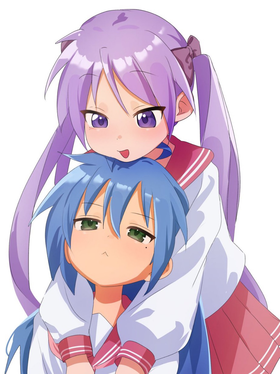 2girls, :d, ahoge, behind_another, blue_hair, bow, green_eyes, gsa082rnw