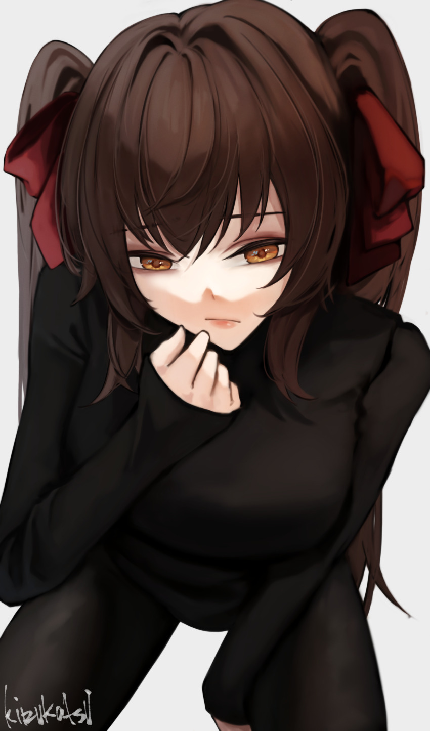 1girl, absurdres, alternate_costume, between_legs, black_pants, black_sweater, breasts, brown_hair