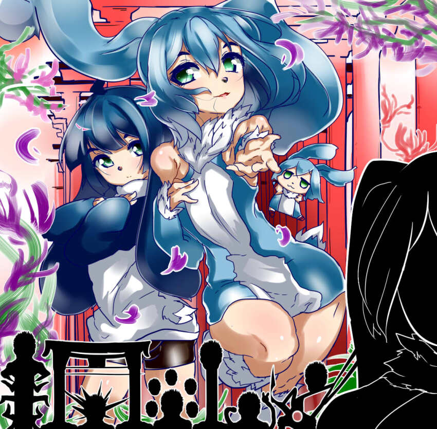 1other, 2boys, animal_ears, character_doll, commentary, deformed, doll, green_eyes