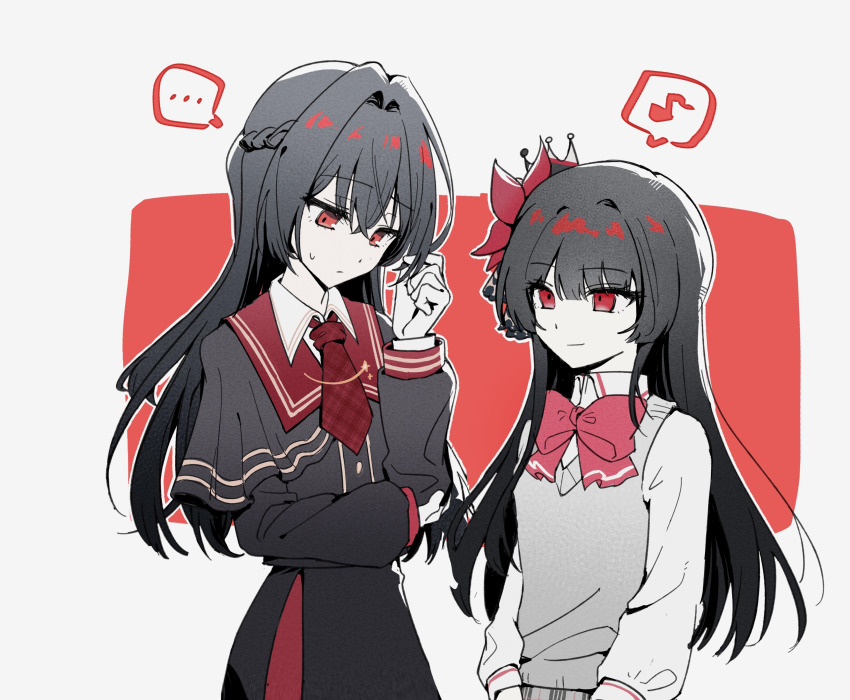 ..., 2girls, absurdres, artist_request, ashigaya_high_school_uniform, black_hair, black_shirt, black_skirt