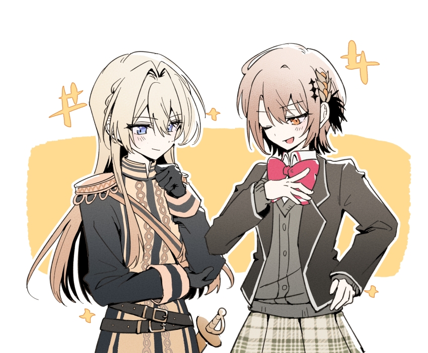 2girls, absurdres, artist_request, ashigaya_high_school_uniform, belt, black_belt, black_gloves, black_jacket