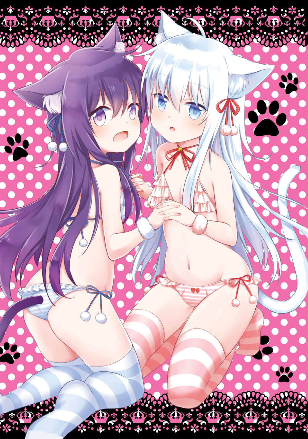 2girls, ahoge, akatsuki_(kancolle), alternate_costume, animal_ear_fluff, animal_ears, ass, bikini, blue_background, blue_eyes, blue_hair, blue_ribbon, blue_thighhighs, blush, bow, bow_bikini, breasts, cat_ears, cat_tail, collarbone, commentary_request, fang, frilled_bikini, frills, from_behind, full_body, hair_between_eyes, hair_ribbon, hibiki_(kancolle), highres, kantai_collection, kemonomimi_mode, kneeling, loli, long_hair, long_sidelocks, looking_at_viewer, motohara_moka, multiple_girls, navel, neck_ribbon, necktie, open_mouth, paw_print, paw_print_background, pink_background, polka_dot, polka_dot_background, purple_eyes, purple_hair, red_bikini, red_ribbon, red_thighhighs, ribbon, side-tie_bikini_bottom, sidelocks, skin_fang, small_breasts, stomach, string_bikini, striped_bikini, striped_clothes, striped_thighhighs, swimsuit, tail, thighhighs, turning_head, very_long_hair, white_thighhighs