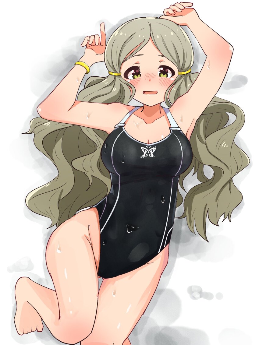 1girl, absurdres, animal_print, armpits, arms_up, black_one-piece_swimsuit, blush, body_blush