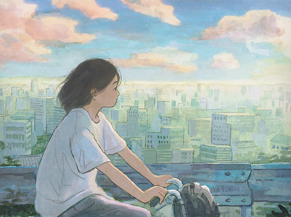 ._., 1girl, black_hair, blue_sky, city, cloud, commentary_request, day
