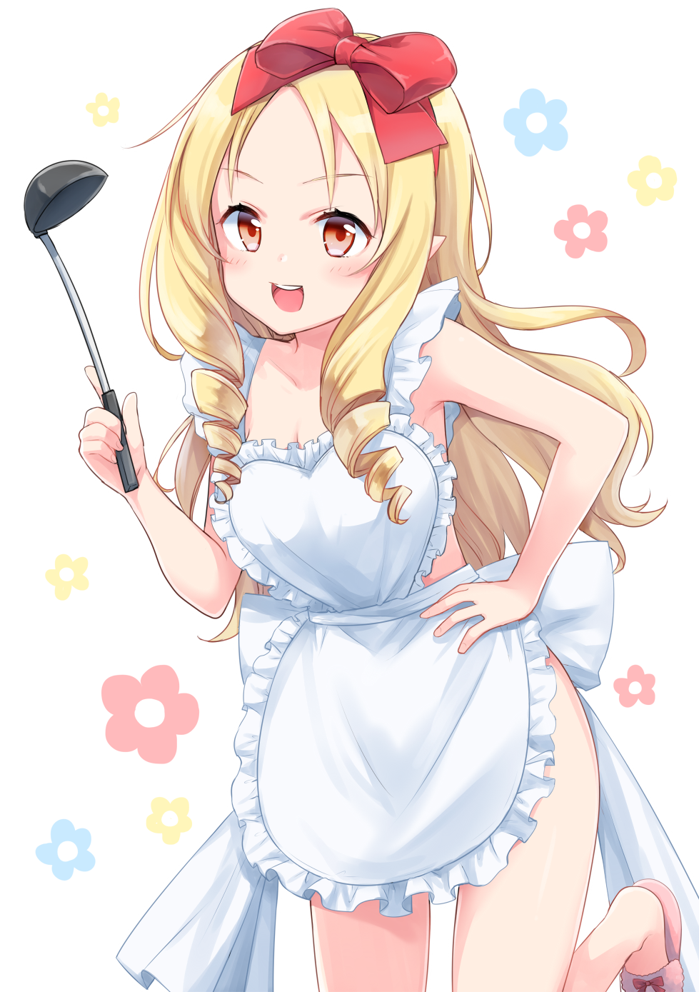 1girl, :d, apron, back_bow, blonde_hair, blush, bow, breasts