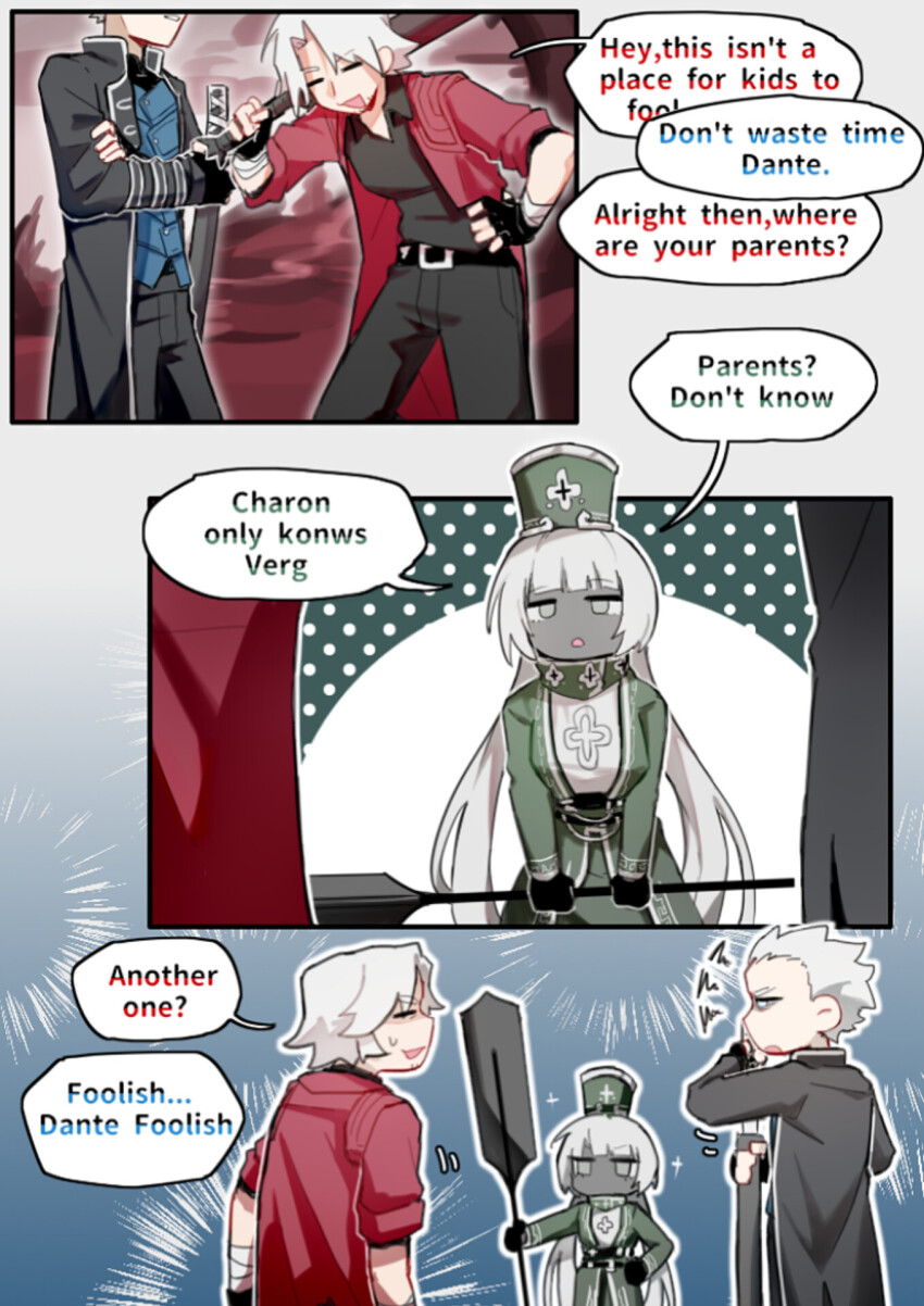 1girl, 2boys, black_coat, black_shirt, blue_vest, charon_(project_moon), chinese_commentary, coat