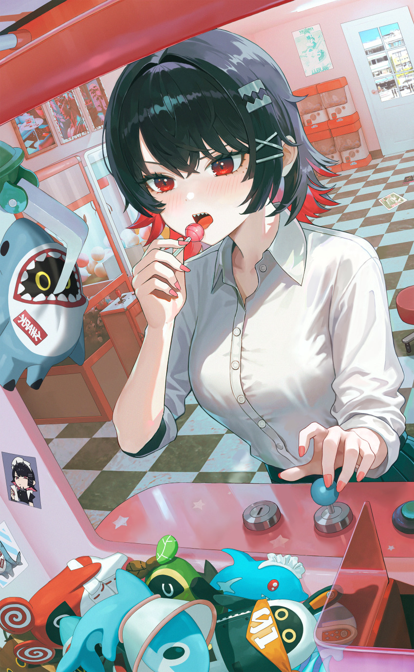 1girl, absurdres, arcade, avocaboo_(zenless_zone_zero), bagboo_(zenless_zone_zero), bangboo_(zenless_zone_zero), black_hair, blue_skirt