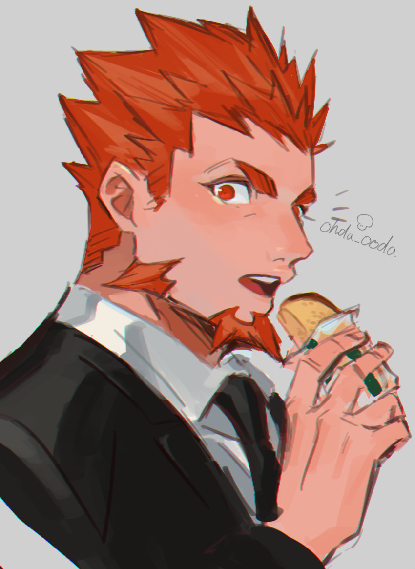 1boy, 2bro., absurdres, beard, black_jacket, black_necktie, collared_shirt, eating, facial_hair, food, grey_background, highres, holding, holding_food, jacket, looking_at_viewer, male_focus, necktie, open_mouth, orange_hair, otoja_(2bro.), saida_(ohda_ooda), shirt, short_hair, sideburns, signature, simple_background, solo, upper_body, white_shirt