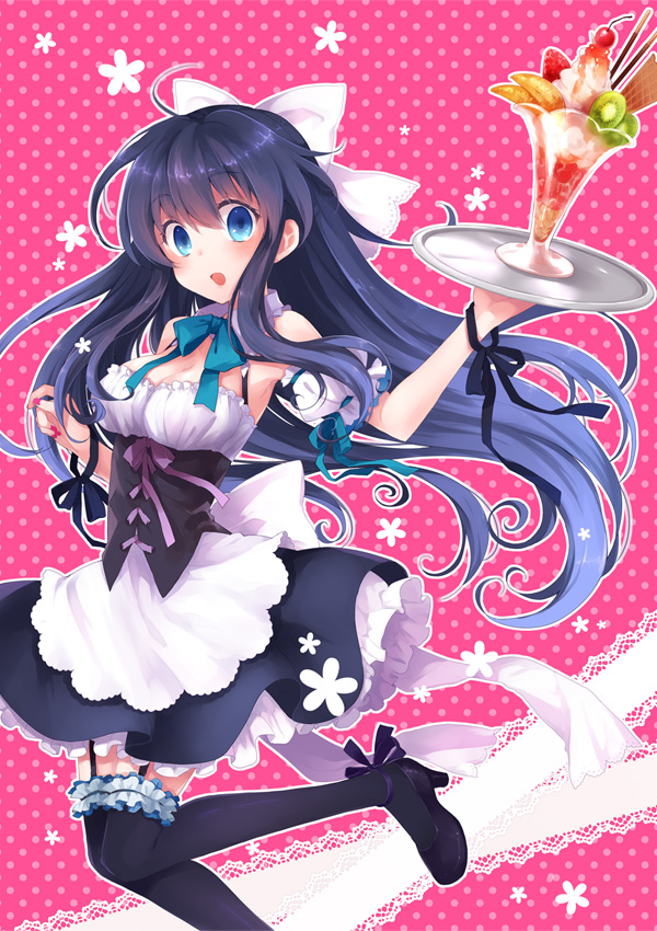 1girl, blue_eyes, blush, bow, female_focus, garter_belt, hair_bow, hayase_miyuki, high_heels, koto_(colorcube), long_hair, maid, original, ribbon, shoes, solo, thighhighs, triangle!, trif, zettai_ryouiki