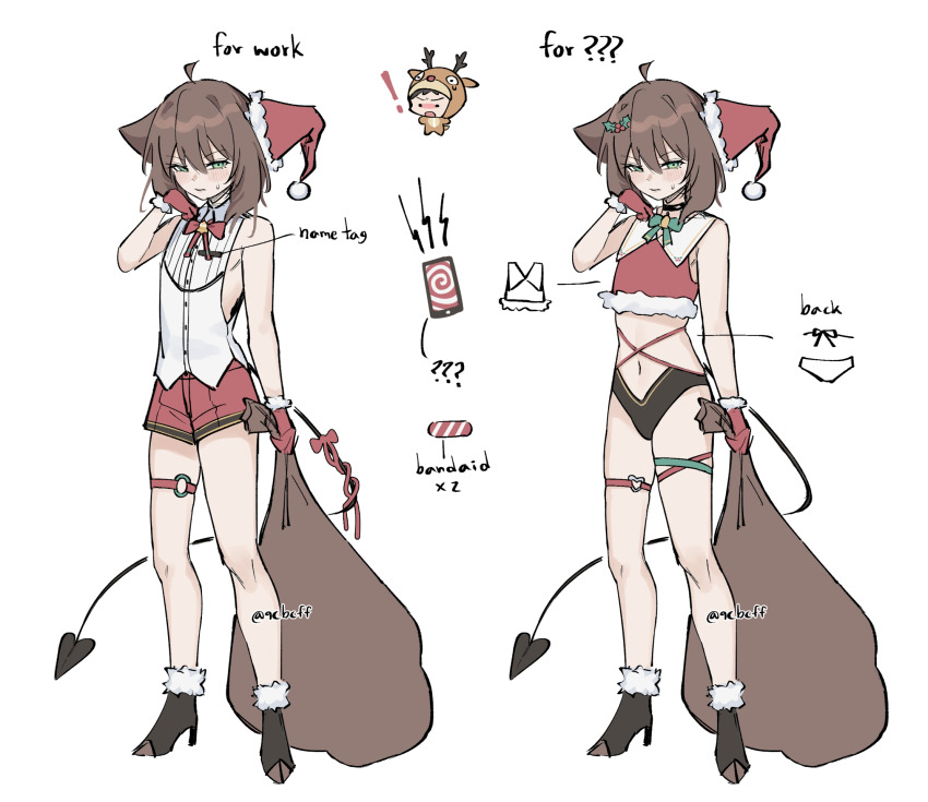 1boy, ahoge, animal_ears, aqua_eyes, bare_shoulders, bow, bowtie, brown_hair, cat_boy, cat_ears, chibi, chibi_inset, commentary, crop_top, demon_tail, english_commentary, frown, full_body, fur-trimmed_gloves, fur_trim, gloves, hat, hat_over_one_ear, heart, heart_o-ring, highres, holding, holding_sack, male_focus, o-ring, original, rat_squeak, red_gloves, red_shorts, sack, santa_hat, shirt, short_hair, short_shorts, shorts, simple_background, sleeveless, sleeveless_shirt, standing, sweatdrop, tail, trap, v-shaped_eyebrows, variations, white_background, white_shirt