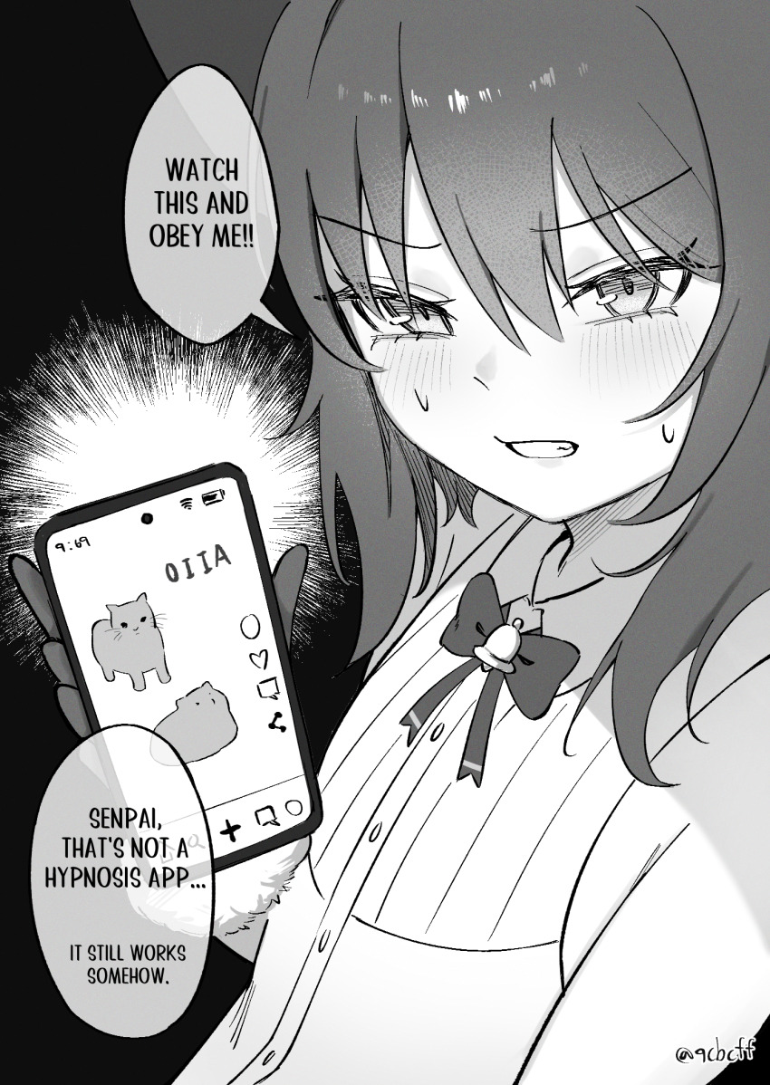 1boy, bow, bowtie, cellphone, clenched_teeth, commentary, english_commentary, english_text