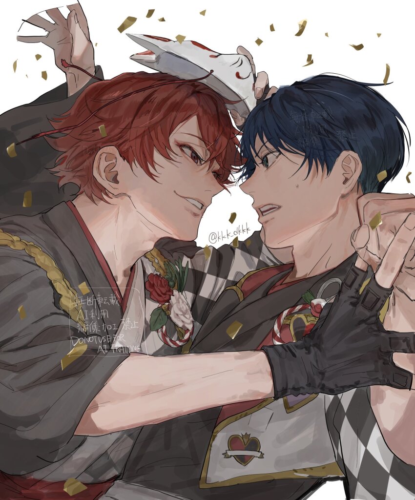 2boys, ace_trappola, ace_trappola_(new_year's_attire), blue_hair, deuce_spade, deuce_spade_(new_year's_attire), fingerless_gloves, gloves