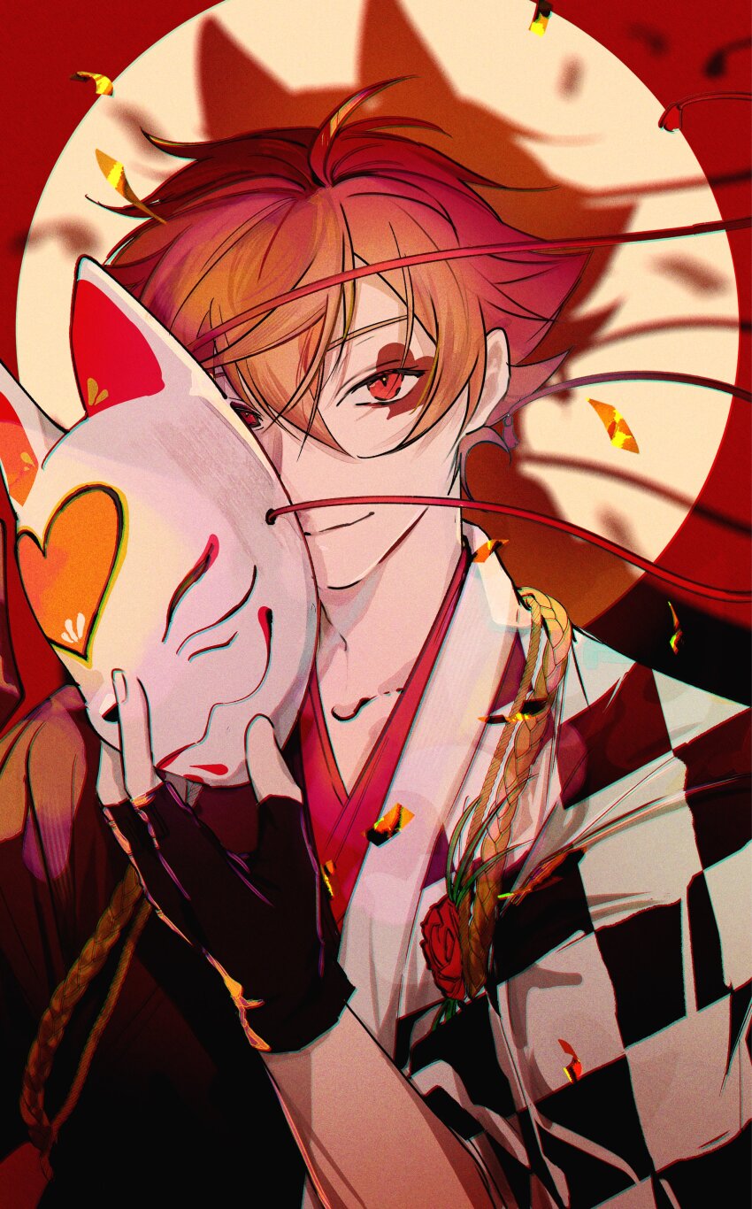 1boy, absurdres, ace_trappola, ace_trappola_(new_year's_attire), closed_mouth, fingerless_gloves, flower, gloves, highres, holding, holding_mask, looking_at_viewer, male_focus, mask, mozuku_am, red_eyes, red_flower, red_hair, red_rose, rose, shadow, twisted_wonderland
