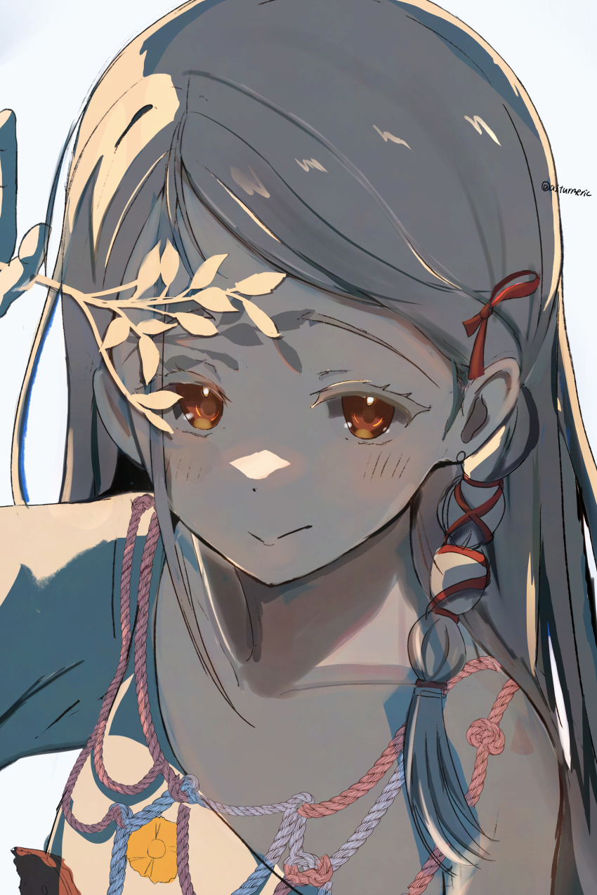 1girl, absurdres, aiturmeric, blush, braid, branch, closed_mouth, collarbone