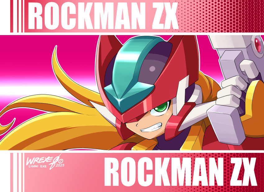 1boy, absurdres, armor, blonde_hair, energy_gun, forehead_jewel, green_eyes, gun, helmet, highres, holding, holding_gun, holding_weapon, ligoniblack, long_hair, male_focus, mega_man_(series), mega_man_zx, model_zx_(mega_man), parted_lips, pink_background, red_armor, red_helmet, smirk, solo, upper_body, vent_(mega_man), weapon