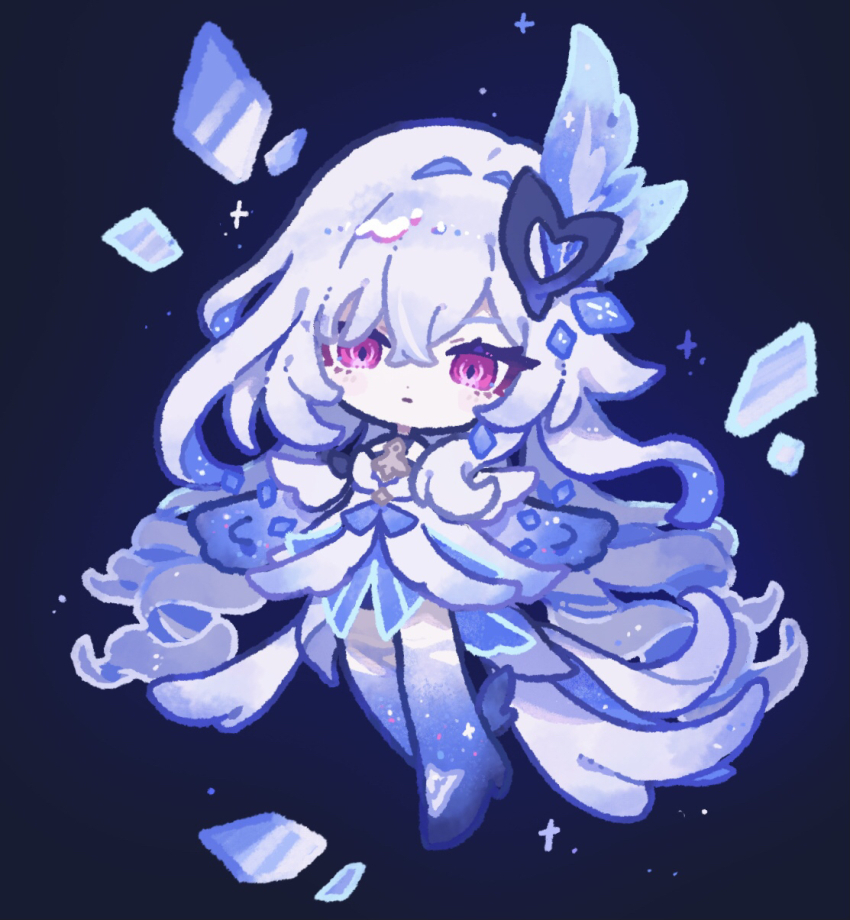 1girl, chibi, commentary_request, crossed_bangs, crystal, dress, genshin_impact, glass_shards