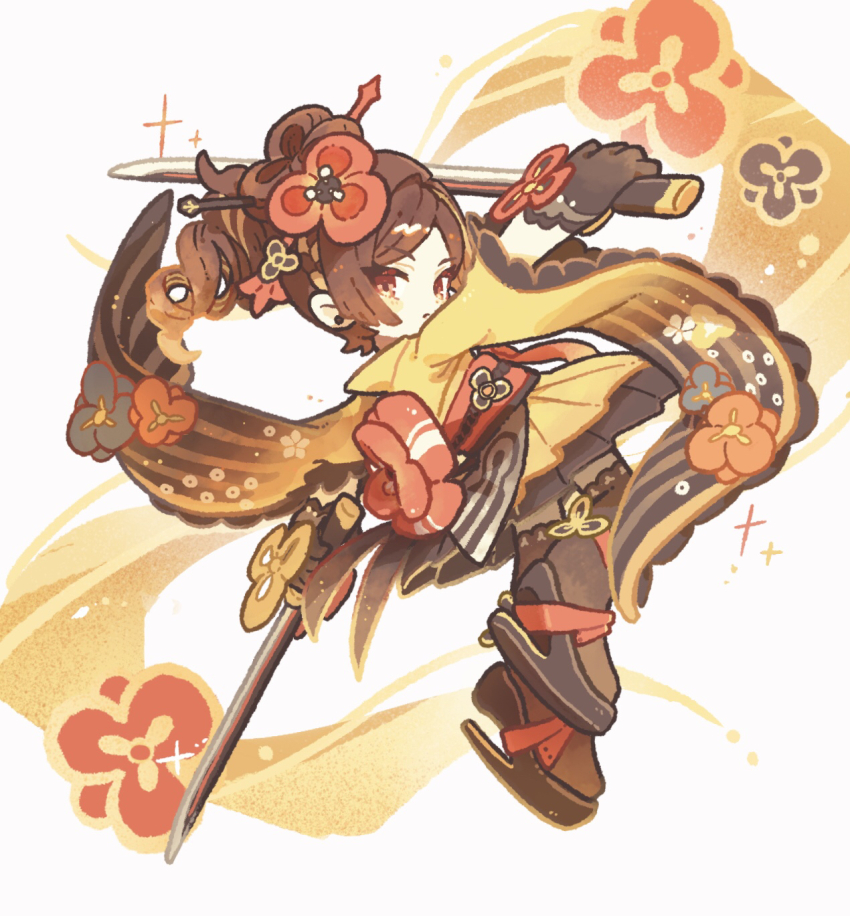 1girl, brown_gloves, brown_hair, brown_sandals, brown_skirt, brown_thighhighs, chiori_(genshin_impact), closed_mouth