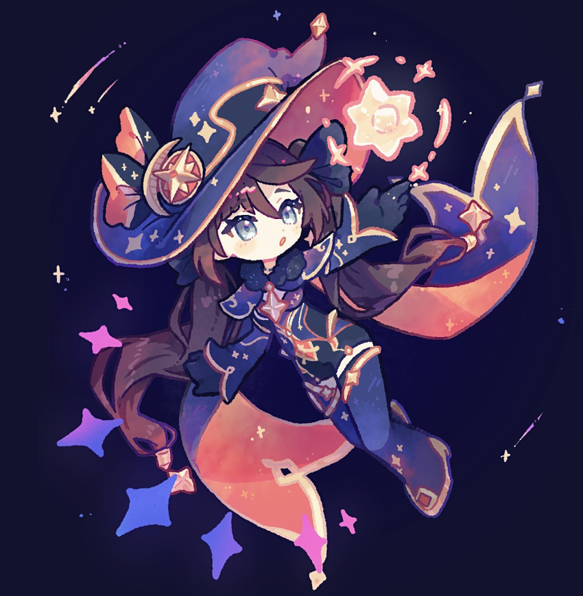 1girl, :o, black_gloves, black_shirt, black_shorts, blue_eyes, blush_stickers, boots, brown_hair, commentary_request, full_body, genshin_impact, gloves, hair_between_eyes, harukui, hat, highres, long_hair, mona_(genshin_impact), open_mouth, outstretched_arm, purple_boots, purple_hat, shirt, shorts, solo, star_(symbol), thigh_boots, witch_hat