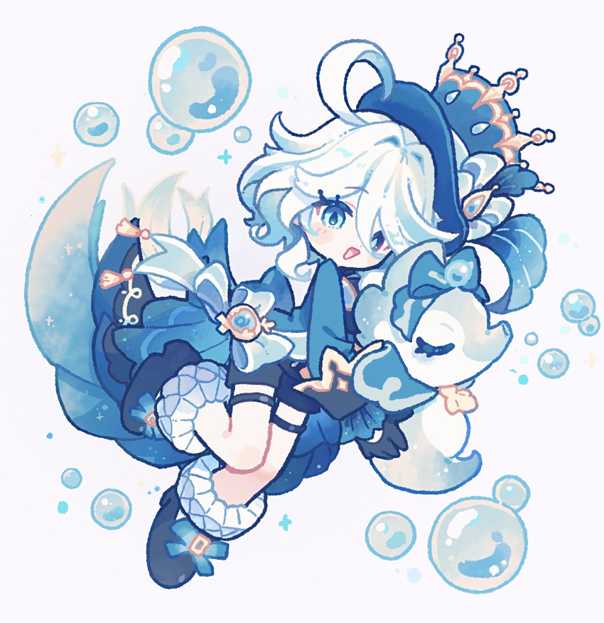 1girl, ahoge, animal, black_shorts, blue_coat, blue_eyes, blue_hat, blue_shoes