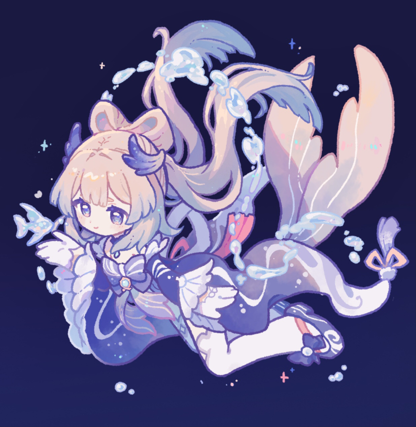 1girl, arm_at_side, back_ribbon, blue_background, blue_hair, bow, bow-shaped_hair, brooch