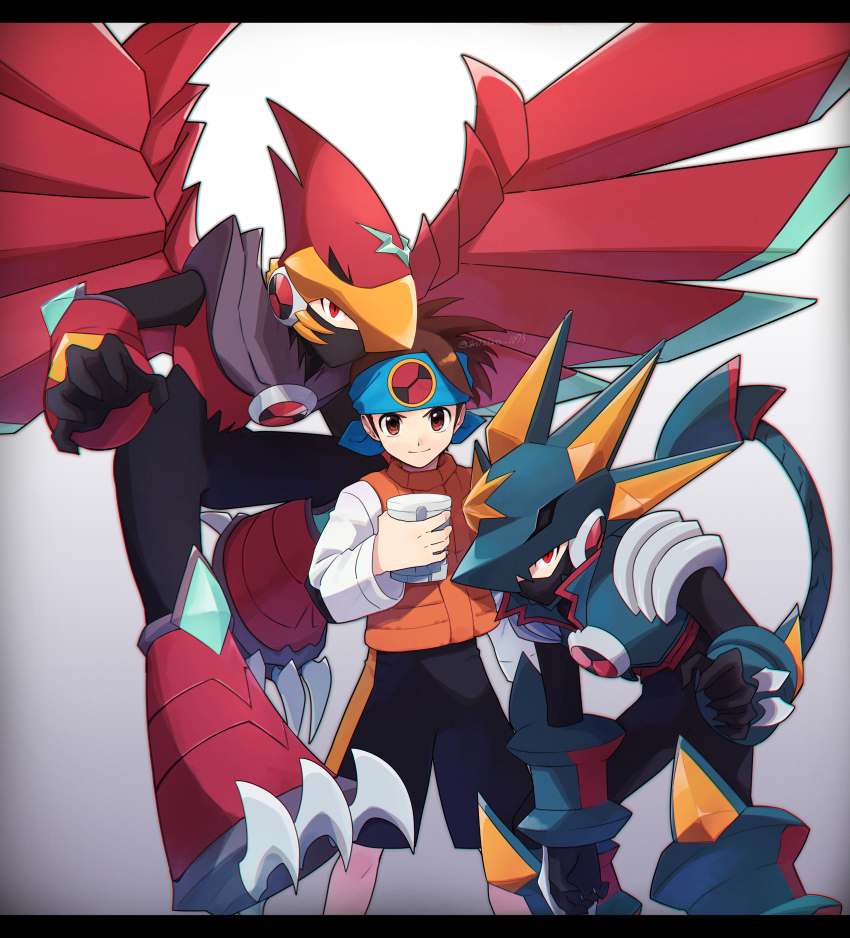 absurdres, armor, blue_headband, bodysuit, brothers, brown_eyes, brown_hair, claws