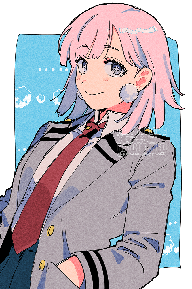 1girl, blue_background, blue_skirt, boku_no_hero_academia, border, bright_pupils, closed_mouth, commentary, earrings, flower-shaped_pupils, fuwa_mawata, grey_eyes, grey_jacket, hair_behind_ear, hands_in_pockets, jacket, jewelry, light_blush, looking_at_viewer, medium_hair, mommorua, necktie, pom_pom_(clothes), red_necktie, school_uniform, shirt, skirt, smile, solo, symbol-shaped_pupils, u.a._school_uniform, white_border, white_shirt