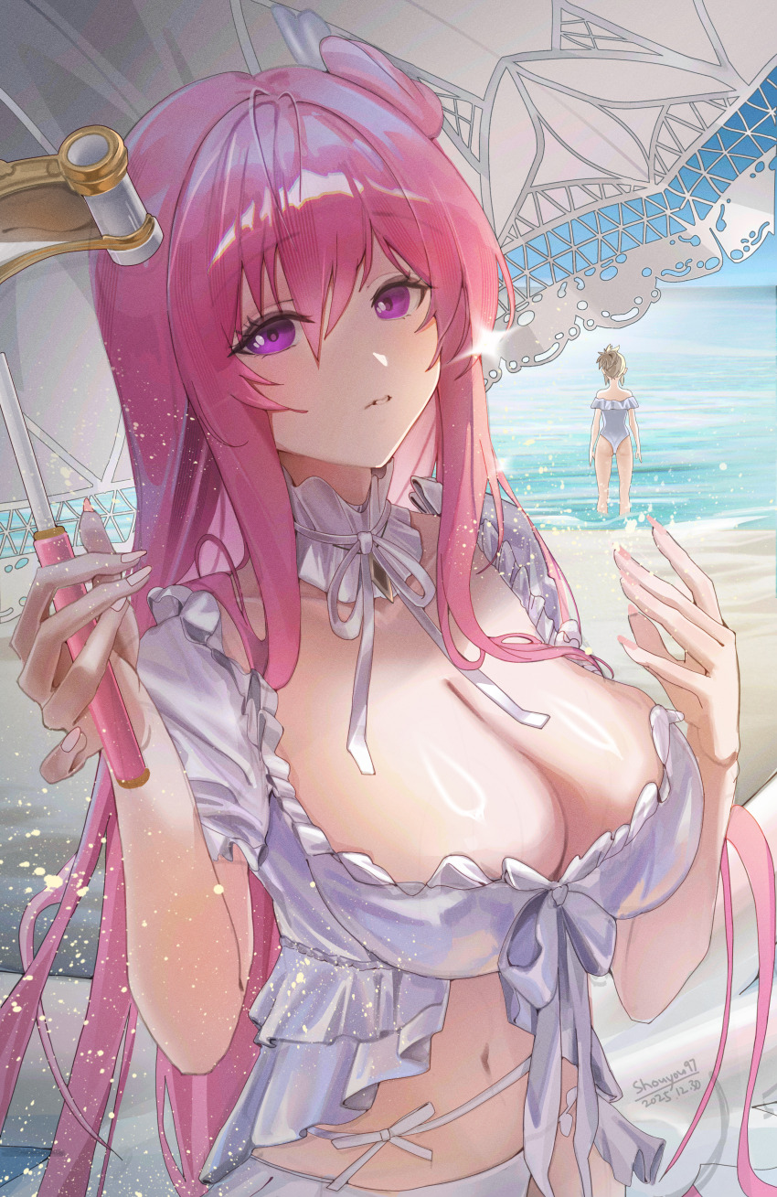 2girls, absurdres, beach, beach_umbrella, bikini, breasts, cleavage, commentary