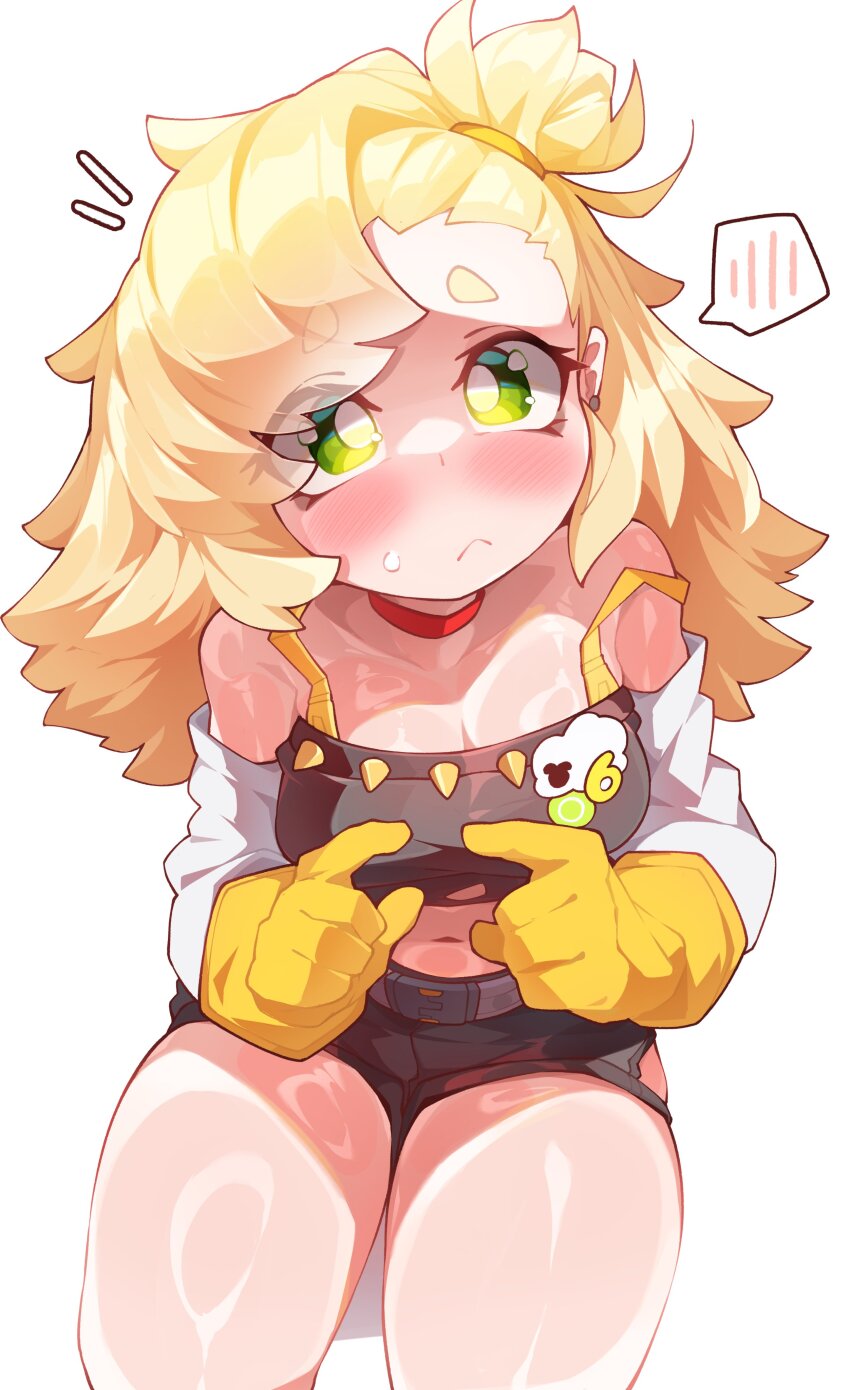 1girl, absurdres, bandeau, black_bandeau, blonde_hair, breasts, cleavage, commentary