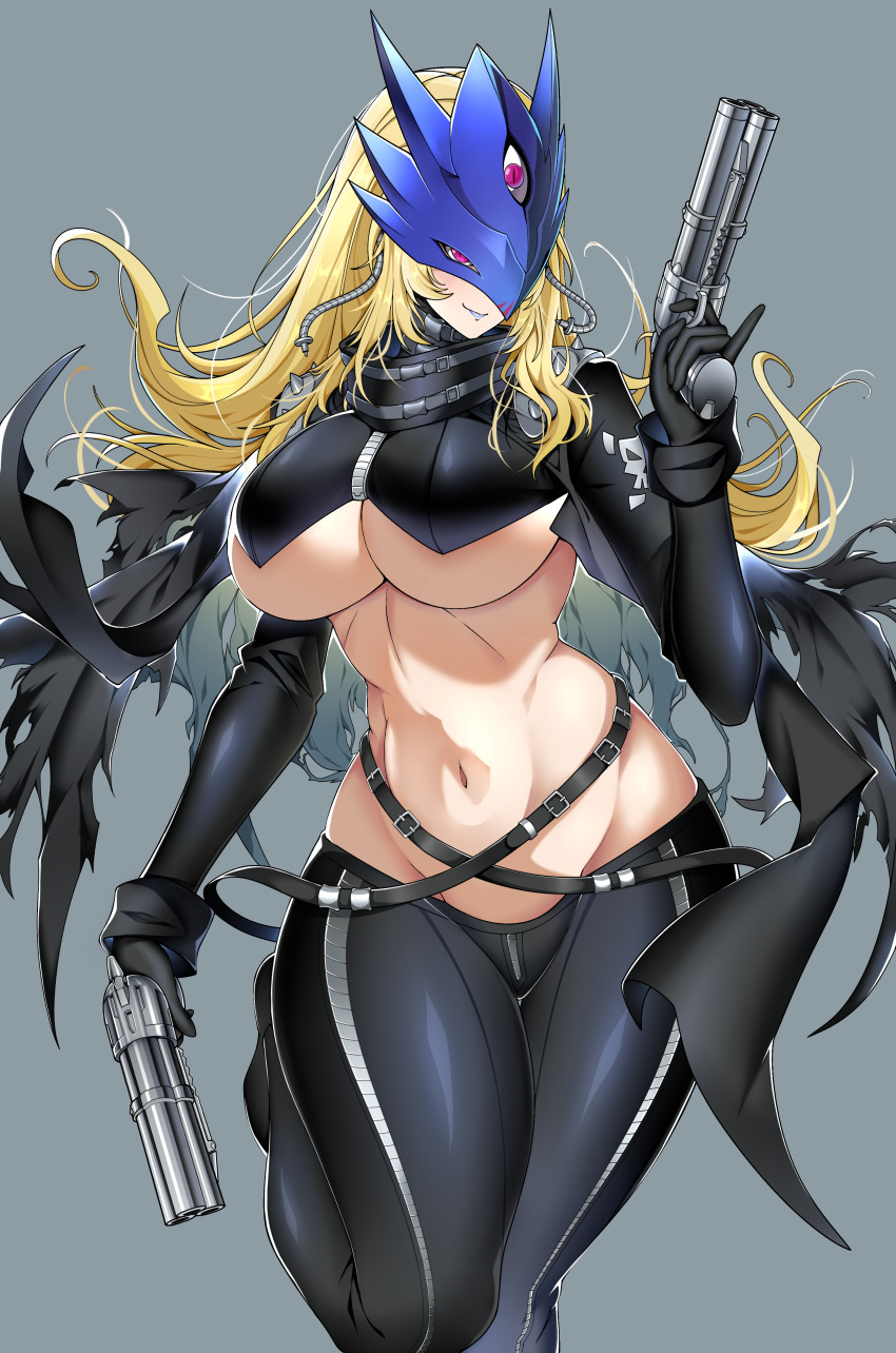 1girl, absurdres, beelstarmon, belt, black_belt, black_boots, black_coat, black_gloves, black_pants, black_vest, blonde_hair, blue_mask, boots, breasts, closed_mouth, coat, cropped_vest, digimon, digimon_(creature), dual_wielding, eye_mask, gloves, grey_background, groin, gun, highres, holding, holding_gun, holding_weapon, large_breasts, leather, leather_pants, long_hair, long_sleeves, looking_at_viewer, love_jiujie_de_lun, mask, multiple-barrel_gun, navel, open_clothes, open_coat, pants, pink_eyes, purple_lips, sidelocks, simple_background, skull_print, smile, solo, standing, standing_on_one_leg, stomach, third_eye, tight_clothes, tight_pants, torn_clothes, torn_coat, underboob, vest, weapon, zipper