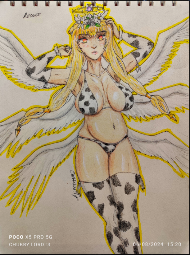 1girl, blonde_hair, breasts, chaos_therese_(grimms_notes), chubbylord, collarbone, cow_print, cow_print_bikini, cow_print_thighhighs, grimms_notes, hands_up, large_breasts, long_hair, navel, parted_lips, photo_(medium), print_bikini, print_thighhighs, red_eyes, solo, traditional_media