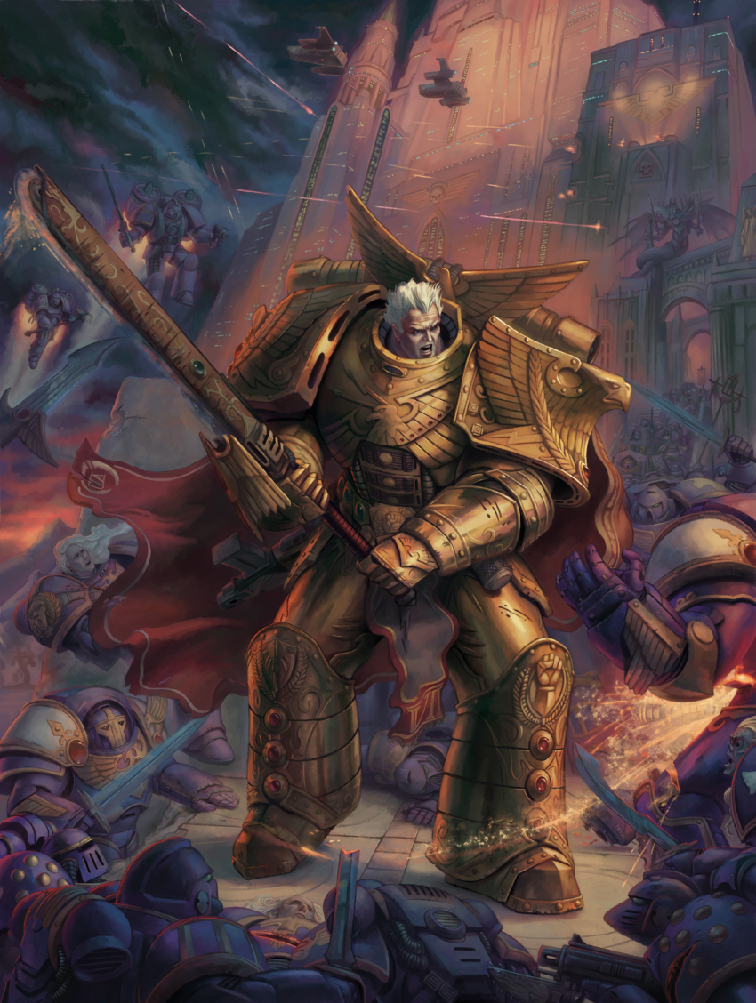 6+boys, adeptus_astartes, anti-aircraft, anti-aircraft_gun, aquila_(symbol), armor, banner, battle_damage