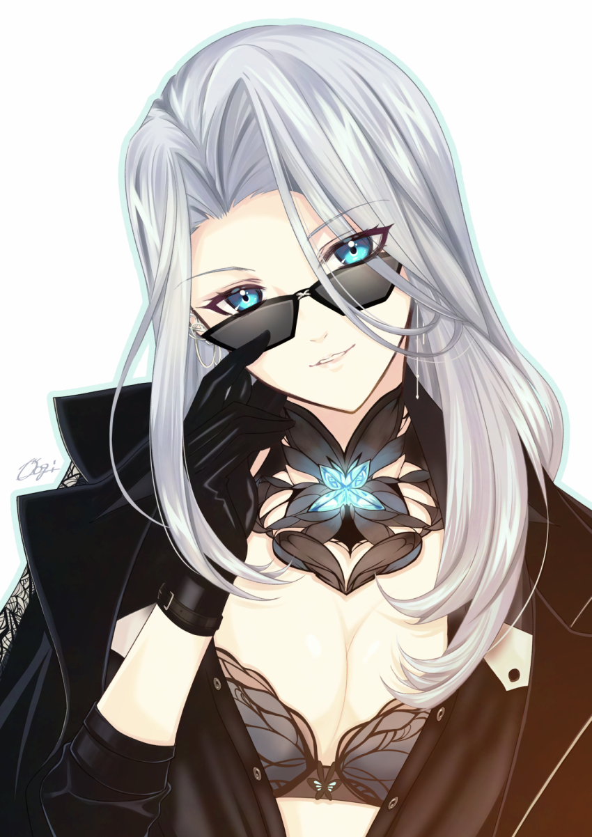 1girl, amanda_lee, belt, blue_butterfly, blue_eyes, bra, bug, butterfly