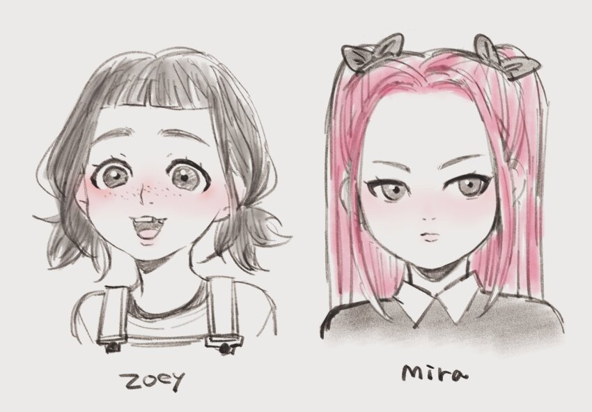 2girls, aged_down, black_hair, blush, child, commentary, english_commentary, freckles, highres, kpop_demon_hunters, looking_to_the_side, mira_(kpop_demon_hunters), missing_tooth, multiple_girls, oolelele, overalls, pink_hair, short_bangs, sidelocks, simple_background, twintails, zoey_(kpop_demon_hunters)