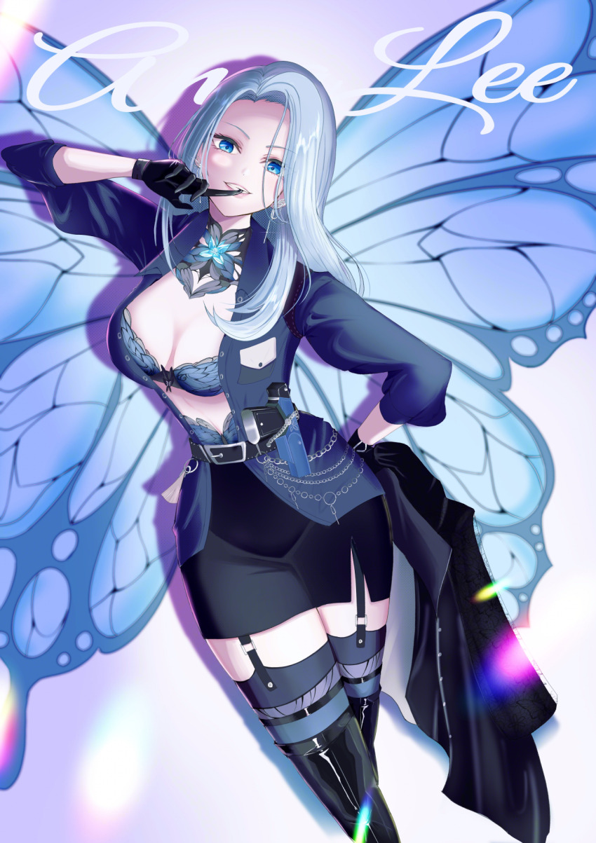 1girl, amanda_lee, belt, blue_butterfly, blue_eyes, bra, bug, butterfly