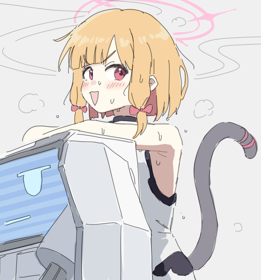 1girl, :d, blonde_hair, blue_archive, blush, bodysuit, bow, cat_tail