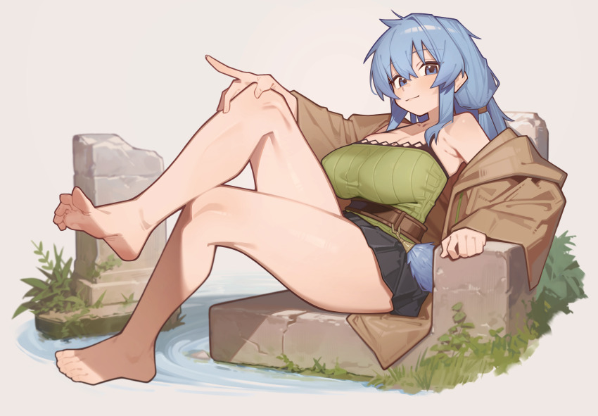 1girl, absurdres, bare_legs, barefoot, blue_eyes, blue_hair, breasts, brown_robe