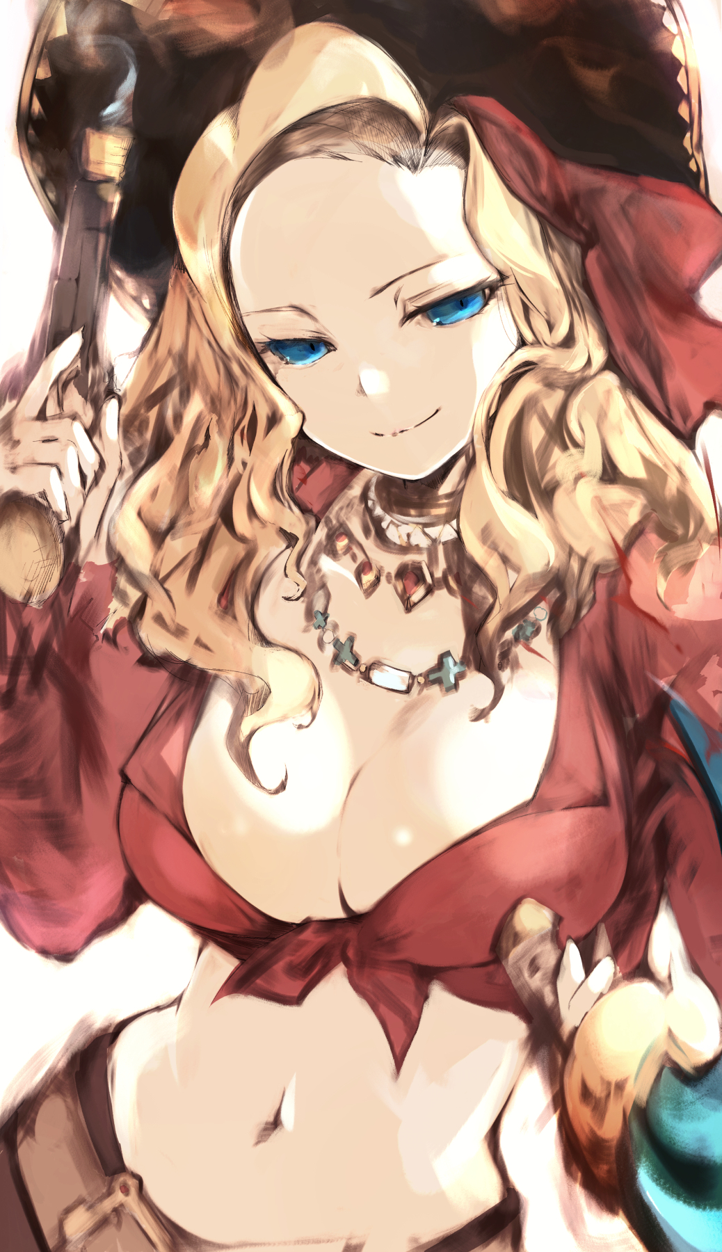 1girl, blonde_hair, blue_eyes, breasts, cleavage, etrian_odyssey, gun, hat