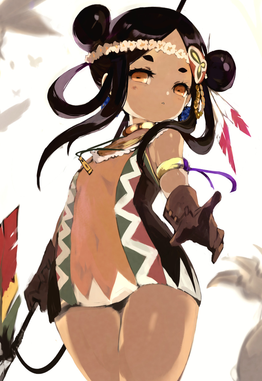 1girl, beast_king_(sekaiju), beast_king_5_(sekaiju), black_hair, brown_gloves, cowboy_shot, dark-skinned_female, dark_skin, double_bun, dress, etrian_odyssey, gloves, hair_bun, hair_rings, highres, long_hair, orange_eyes, pointing, polearm, sekaiju_no_meikyuu, sekaiju_no_meikyuu_3, sekaiju_no_meikyuu_hd, short_dress, short_eyebrows, solo, thick_eyebrows, thighs, tribal, tsutsugano, weapon